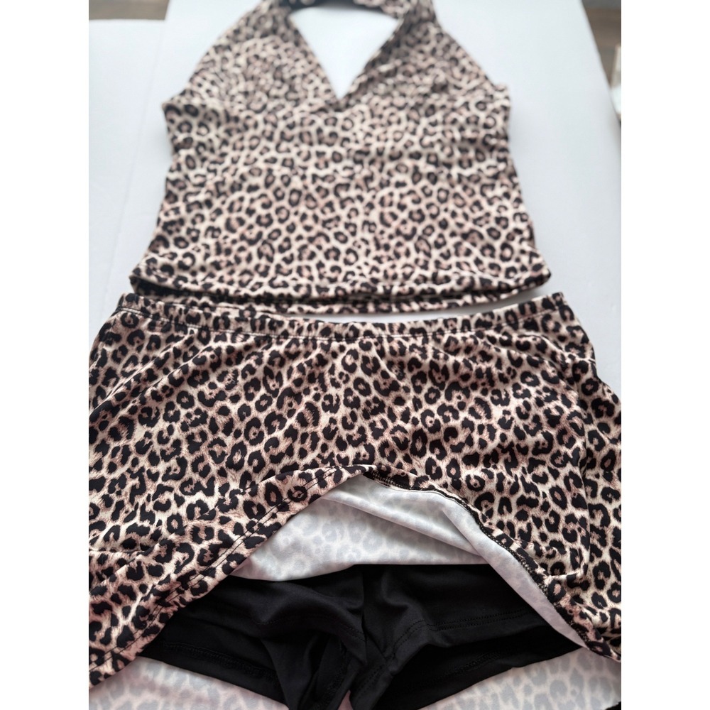 2 Piece Set Women Large Brown Leopard NWT Halter Top Mini Skort Y2K